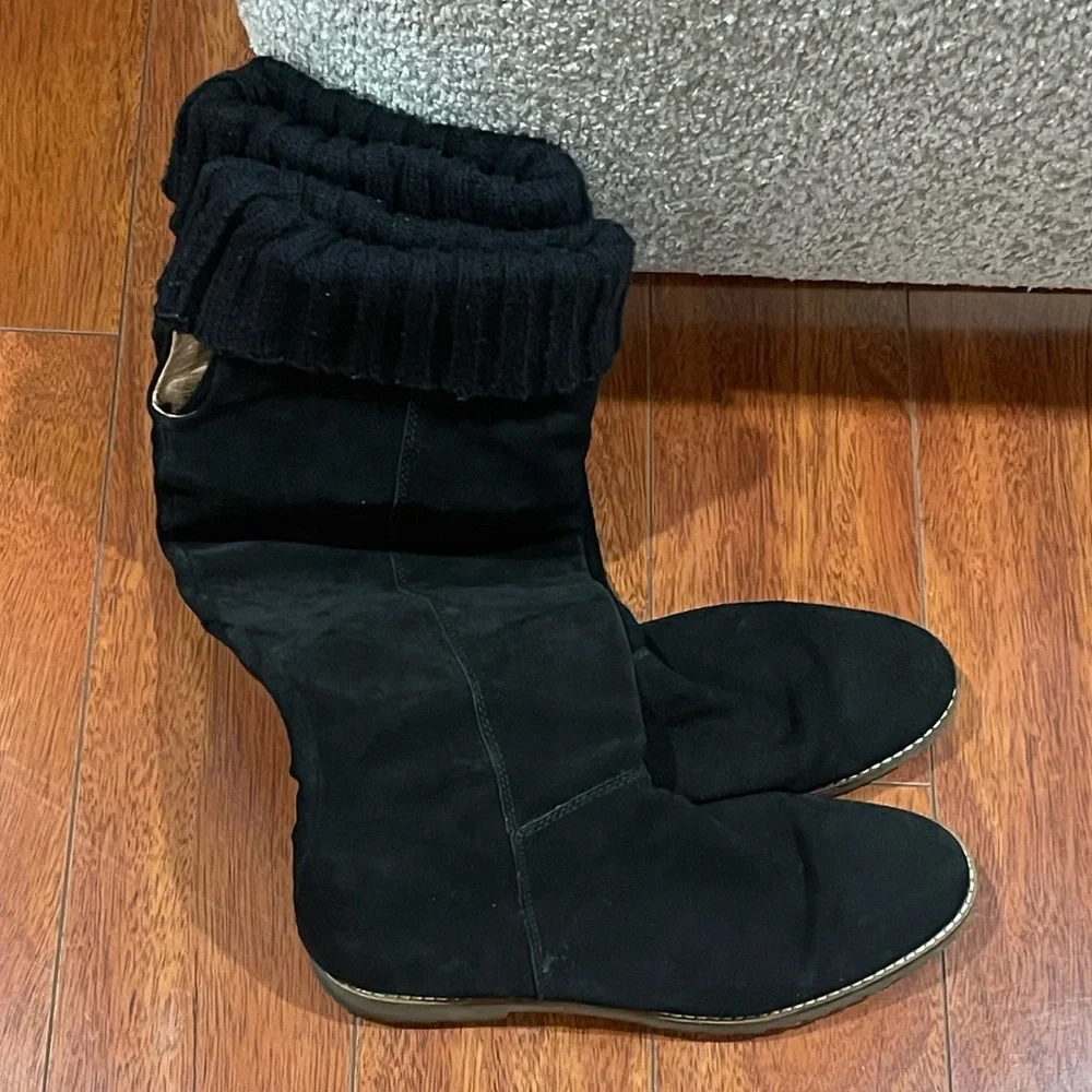 Corso Como Black Suede Leather Knee High Over Knee Zip Flat Boots